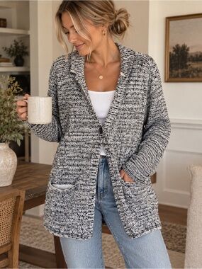 J.Jill Wearever Marled Chunky Cardigan Sweater Black Ivory Cozy Fall L